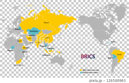 世界地図とブリックスの国々、2025年5月現在の加盟国とパートナー国、英語の国名 126580963