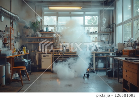 A messy kitchen with a lot of smoke and a lot of bottles 126581093