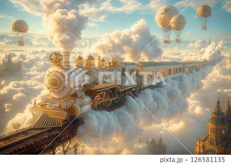 Mystical train journey through clouds fantasy landscape digital art surreal environment aerial view imagination unleashed 126581135