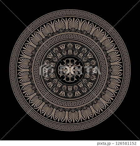 Vector golden black round classical Greek ornament. Greek meander. Patterns of Greece, ancient Rome. Circle european border. Typical egyptian, assyrian and greek motives. Circle, Arabesque, Byzantine 126581152