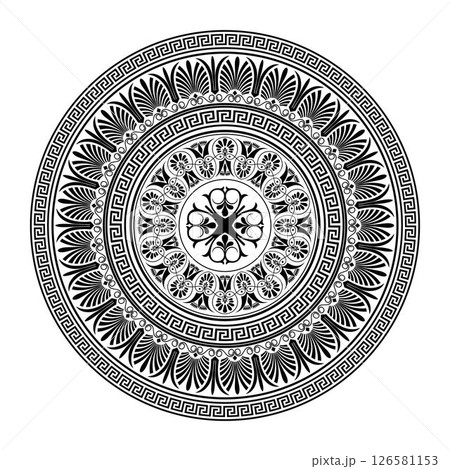 Vector monochrome round classical Greek ornament. Greek meander. Patterns of Greece, ancient Rome. Circle european border. Typical egyptian, assyrian and greek motives. Circle, Arabesque, Byzantine 126581153