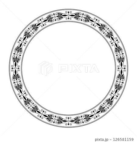 Round classic black european ornament. Typical egyptian, assyrian, greek motives. Round frame Ancient Greece, Roman Empire For textile, embroidery, porcelain. Byzantian Circle. EPS 126581159