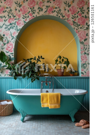 Relaxing vintage bathroom oasis home interior design cozy ambiance warm colors serenity 126581161