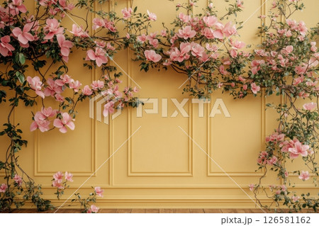 Floral arrangement indoor studio photography bright yellow wall close-up nature inspired design 126581162
