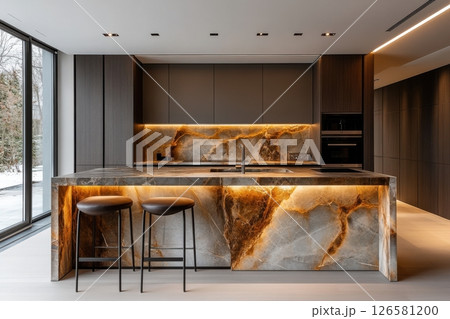 A kitchen with a marble countertop and a black and brown color scheme 126581200