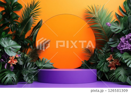 Vibrant tropical stage setup creative event indoor environment artistic presentation colorful backdrop concept for photoshoots 126581309
