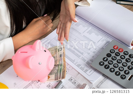 Budgeting and Saving Techniques with a Piggy Bank and Calculator for Financial Management Budgeting and Saving Techniques with a Piggy Bank and Calculator for Financial Management 126581315