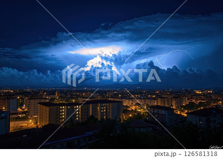 Dramatic lightning storm over urban landscape city at night photograph atmospheric wide angle nature's fury 126581318