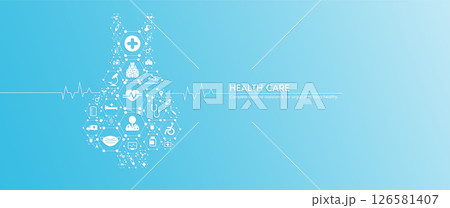 Thyroid gland health care. Medical icons in hexagons connected in the shape of the human organ with white rate graph heart pulse. Organs icons on blue background. Medical care banner concept. Vector. Thyroid gland health care. Medical icons in hexagons connected in the shape of the human organ with white rate graph heart pulse. Organs icons on blue background. Medical care banner concept. Vector. 126581407