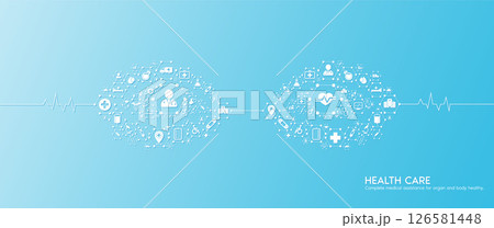 Eye health care. Medical icons in hexagons connected in the shape of the human organ with white rate graph heart pulse. Organs icons on blue background. Medical care banner concept. Vector. 126581448
