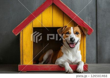 Happy dog relaxing in colorful doghouse cozy indoor setting pet photography playful atmosphere close-up view joyful companionship Happy dog relaxing in colorful doghouse cozy indoor setting pet photography playful atmosphere close-up view joyful companionship 126581468