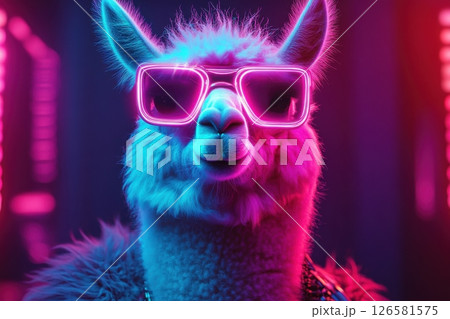 Funky llama portrait neon studio animal photography colorful environment close-up playful concept for social media impact 126581575