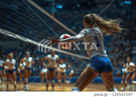 Volleyball match action sports arena photo indoor environment side view competitive spirit 126581587