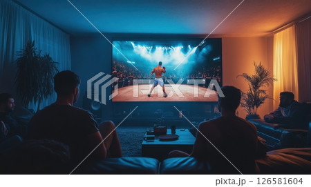 Exciting boxing match movie scene home theater digital media indoor environment cinematic viewpoint entertainment concept Exciting boxing match movie scene home theater digital media indoor environment cinematic viewpoint entertainment concept 126581604