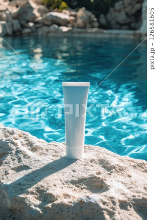 A tube of sunscreen sits on a rock by a pool A tube of sunscreen sits on a rock by a pool 126581605