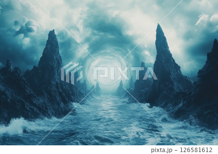 Mysterious oceanic landscape ethereal waters digital art surreal environment dreamlike viewpoint 126581612