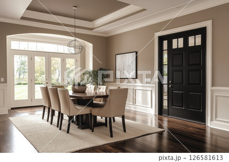 A large dining room with a black door and a white door 126581613