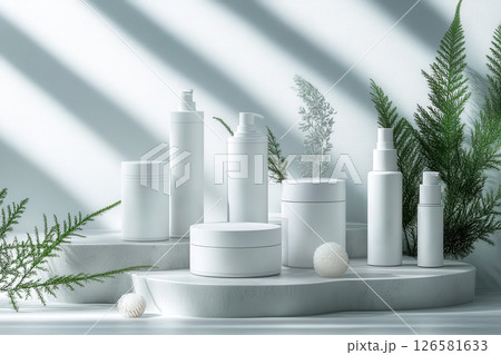 A collection of beauty products are displayed on a white pedestal 126581633