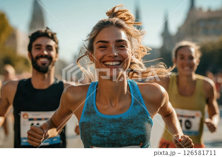 Running event highlights enthusiastic runners in urban marathon city streets action shot daytime joy and determination 126581711