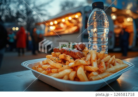 Food truck event tasty sausages and fries outdoor venue photography evening ambiance 126581718