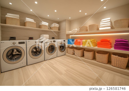 A laundry room with a white washer and dryer and a row of colorful towels 126581746