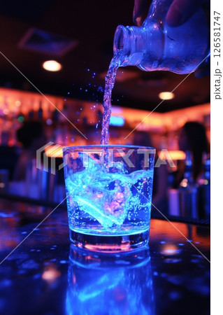 A glass of blue liquid is poured into a glass 126581747