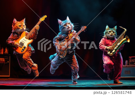 Musical cats rocking out on stage concert venue fun image colorful lighting upbeat atmosphere whimsical concept 126581748