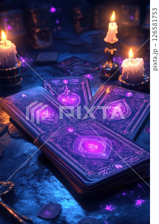 Mystical tarot reading dark room photography candlelit close-up magic and intuition Mystical tarot reading dark room photography candlelit close-up magic and intuition 126581753