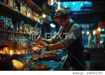 A man is making a drink at a bar A man is making a drink at a bar 126581754