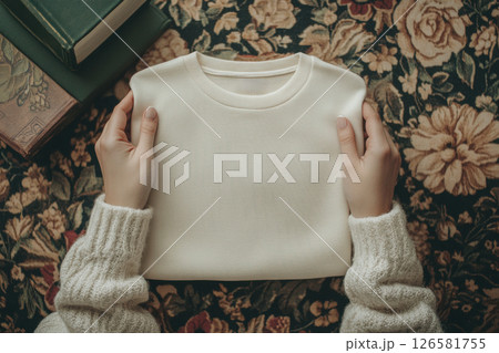 Cozy white sweater flat lay warm indoor atmosphere in close-up photography Cozy white sweater flat lay warm indoor atmosphere in close-up photography 126581755