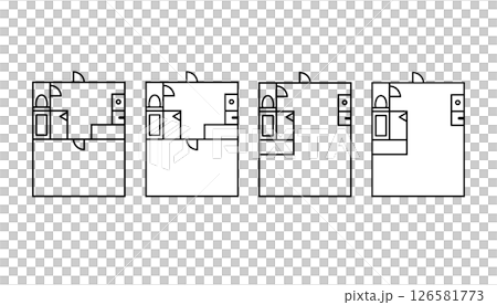 An icon set that represents the layout of a one-room apartment, such as a 1DK or 1K. 126581773