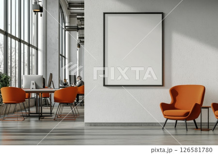 Modern office space with blank wall frame and orange chairs urban environment interior design stylish aesthetics 126581780
