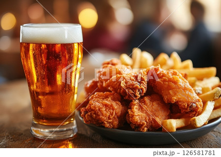 Crispy chicken wings and draft beer cozy pub food photography inviting atmosphere close-up shot culinary delight 126581781