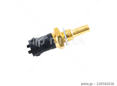 Diagonal view of gold automotive sensor with black handle on white background. Isolated car part ideal for online shop, repair listings, or catalog use 126582016