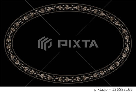 Gold Greek Oval porcelain plate on black background. Greek golden pattern frame, border. Decorative ornament of the Egyptian, assyrian, greek motive. For plate, textile, porcelain, embroidery, ceramic 126582169