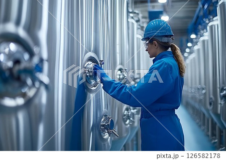 Female Technician Inspecting Stainless Steel Bioreactor Vessels 126582178
