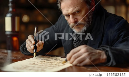 Focused man writing with fountain pen on parchment at wooden des 126582185