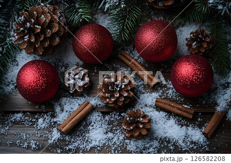 Festive Red Ornaments Pine Cones and Cinnamon on Snowy Wood 126582208
