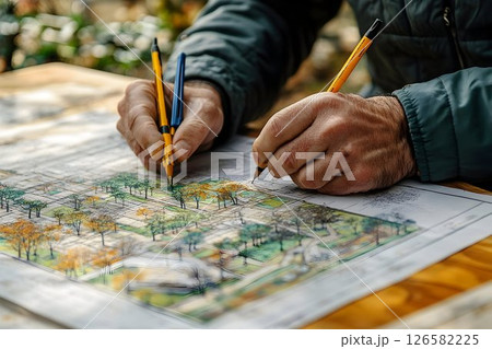 Hands Detailing Landscape Design Plan with Pens 126582225