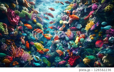 Vibrant coral reef teeming with colorful fish in a sunlit underw 126582236