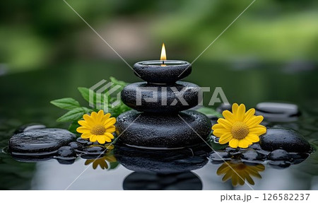 Serene Spa Still Life: Candlelit Stones and Yellow Daisies Refle 126582237