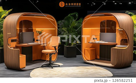 Modern, Orange and Wooden Private Work Pods at an Exhibition 126582251