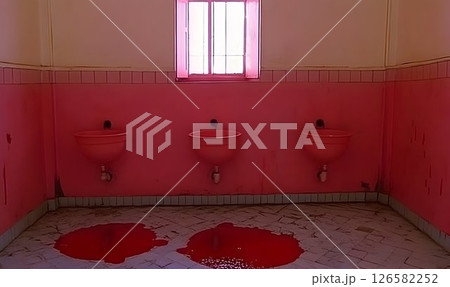 Pink Bathroom with Bloodstains and Three Urinals 126582252