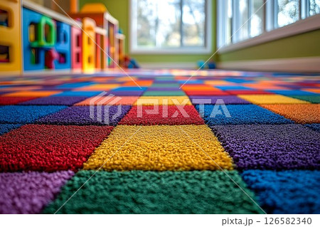 Colorful Carpet Tiles in a Playroom with Blurred Toys and Natura 126582340
