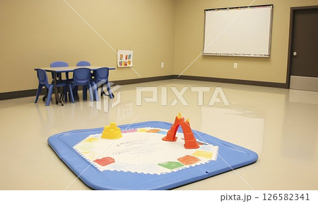 Bright playroom with blue table and chairs, drawing board, and c 126582341