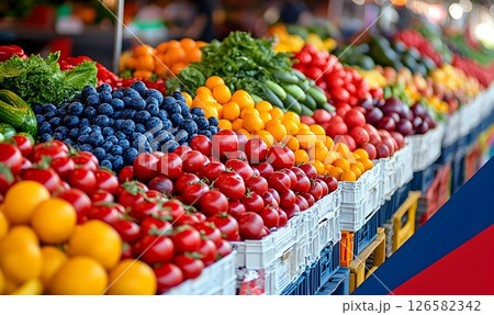 Vibrant Farmers Market Display Showcasing Fresh Produce in Abund 126582342