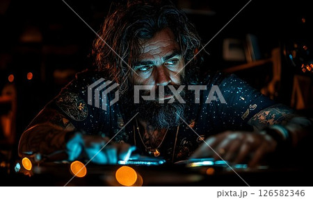 Bearded Man Concentrates on Illuminated Surface in Dark Room 126582346