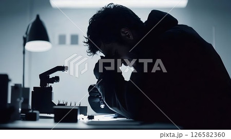 Intense Focus: Man in Hoodie Inspecting Object Under Bright Lamp Intense Focus: Man in Hoodie Inspecting Object Under Bright Lamp 126582360