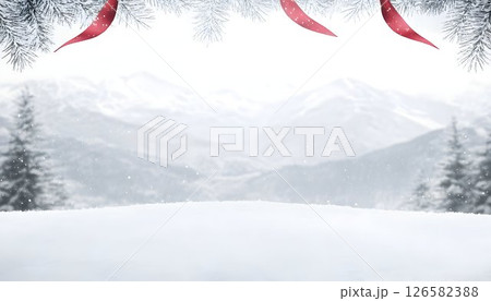 Winter Wonderland Scene with Snowflakes, Red Ribbons, and Mounta 126582388