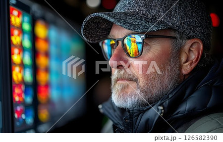 Man's Reflection Shows Vibrant Color Palette on Screen 126582390